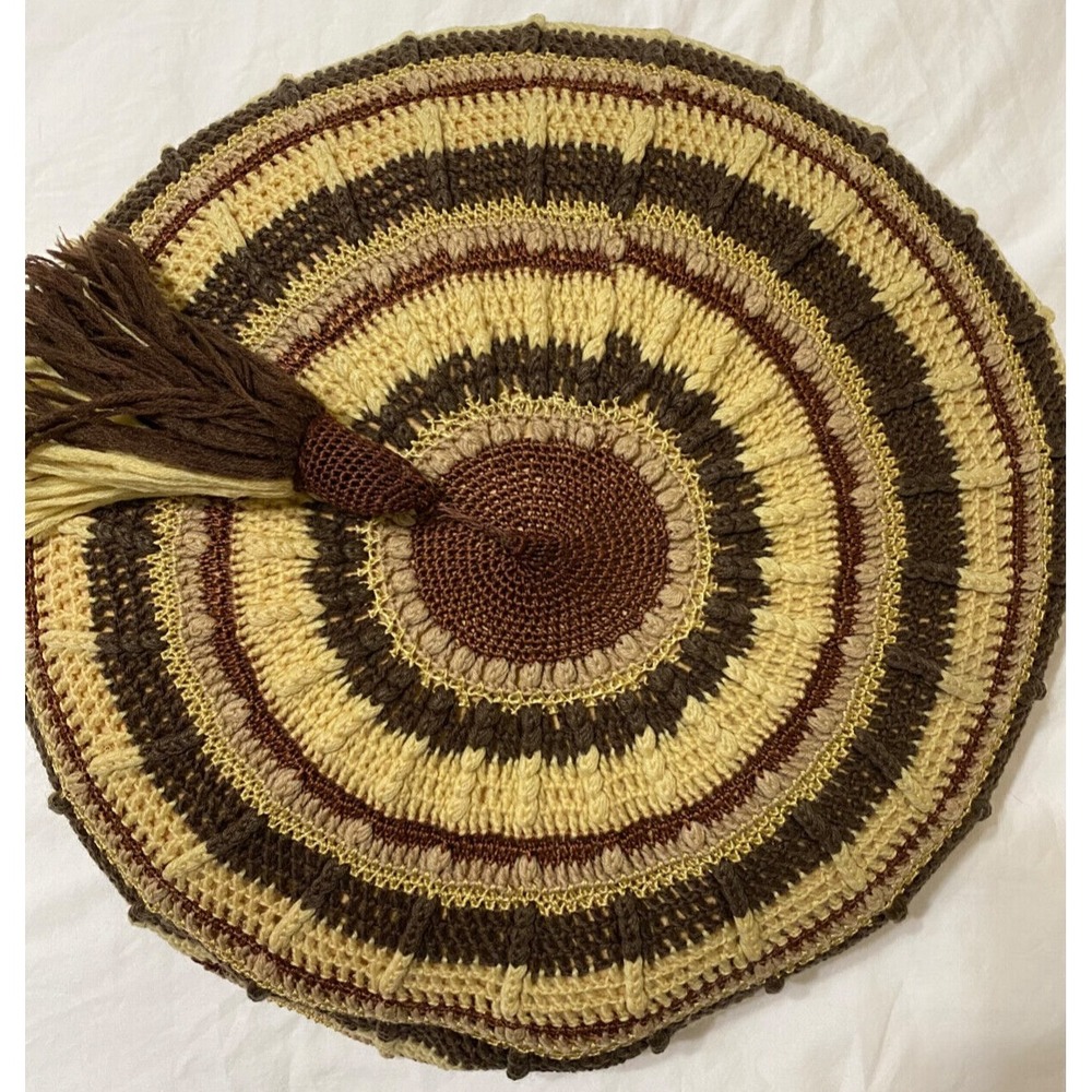 Crocheted Throw Pillow MCM Browns Beige Vtg 70s Look Round Meditation - Picture 2 of 10